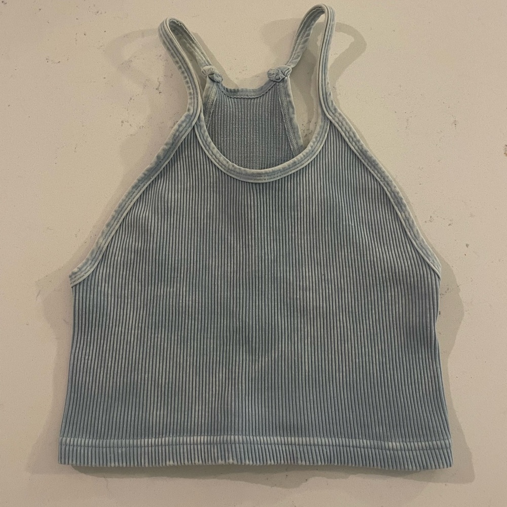 FP Movement by Free People Light Blue Ribbed Halter Crop Tank